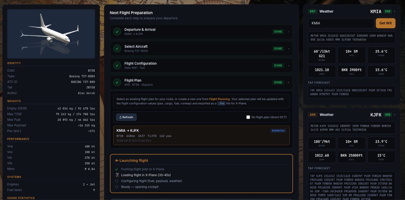 Flight preparation page — aircraft, fuel, route and launch checklist