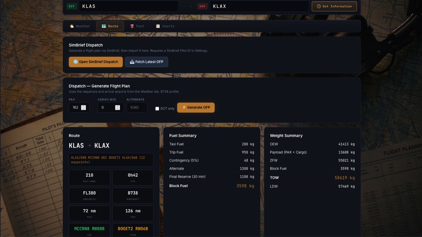 SimBrief dispatch — KLAS to KLAX flight plan with fuel and weight summary
