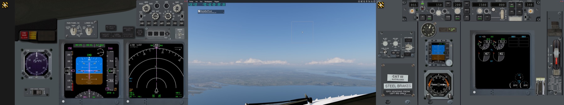Captain side — PFD, ND and EICAS widgets fanned across an ultrawide